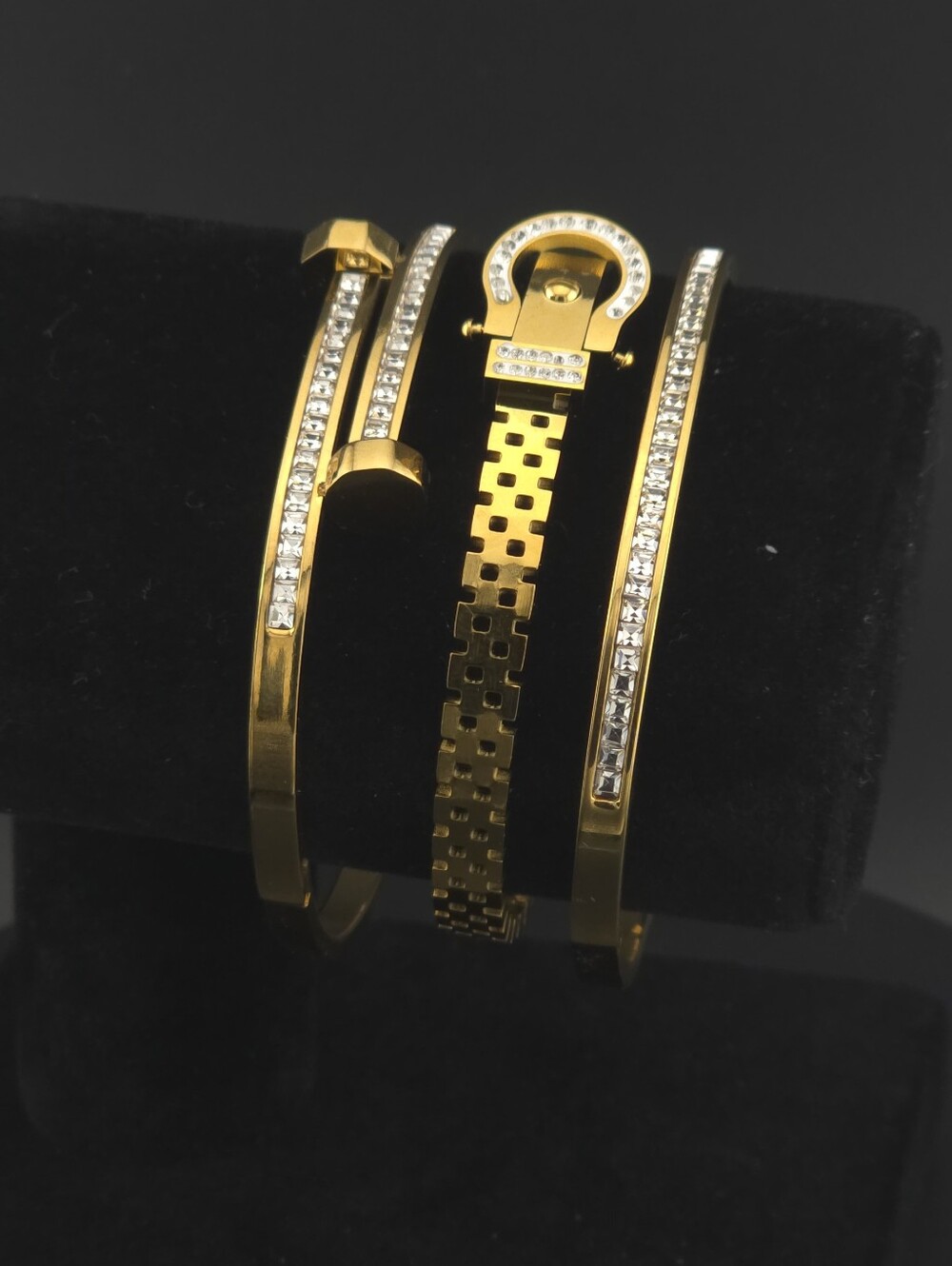 Gold Tone Crystal-Accented Women's Bracelet Set